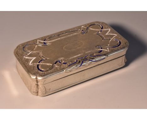 A 19th century Austrian silver rectangular snuff box, hinged cover engraved with strapwork, traces of enamel, re-entrant cant