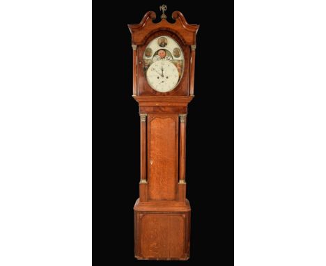 A George III oak and mahogany longcase clock, 39cm oval painted dial inscribed Wm. Nicholas, Birmingham, the arch painted wit