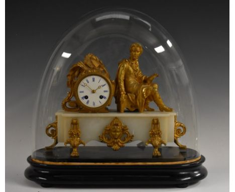 A French marble and gilt metal mounted figural mantel clock on ebonised base with dome, the 8cm enamel dial having blue Roman