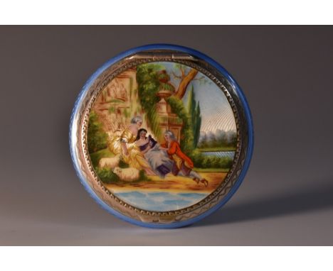 An early 20th century German silver and enamel compact, hinged cover decorated in polychrome with courting figures in an Arca