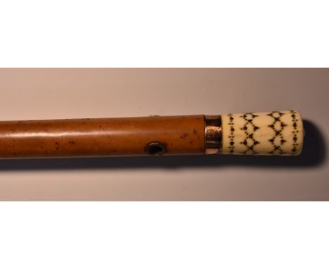 An '18th century' ivory, 9ct gold and malacca gentleman's walking stick, the pommel decorated in piqué work with diapers, the