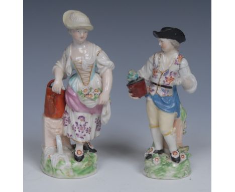 A Derby Patch Mark figure, Gardener's Companion, she stands wearing a yellow bonnet and gathering flowers in her apron, her r