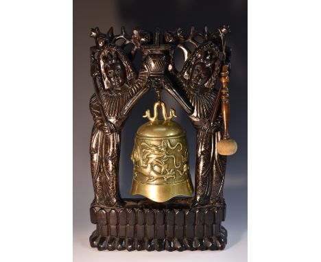 A 19th century Chinese gilt patinated bronze gong, the bell cast in the archaic taste in high relief with a ferocious dragon 
