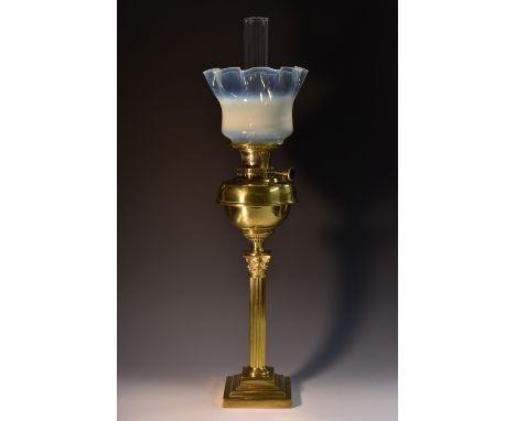 A Victorian Corinthian column brass oil lamp, by Youngs and Co. globular reservoir, stepped base,  Vaseline shade, 66cm high