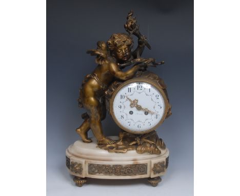 A Louis XVI Revival bronze and alabaster figural mantel clock, 12.5cm convex enamel dial inscribed with Arabic numerals, four