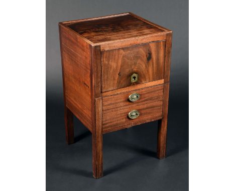 A George III mahogany night table, slight gallery above a hinged  retractable front and a commode drawer, moulded square legs