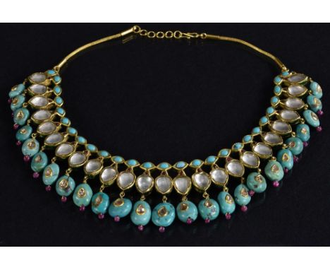 A Persian style reversible enamel and multi gem stone fringe necklace, articulating enamelled and stone set body with rose cu