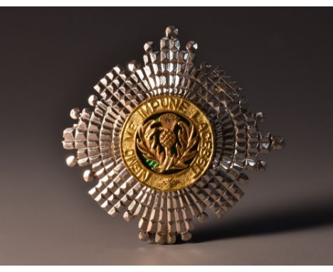Military Interest - a Scots Guards Officers Sweetheart brooch, central green enamel and gold regimental motto and thistle mot