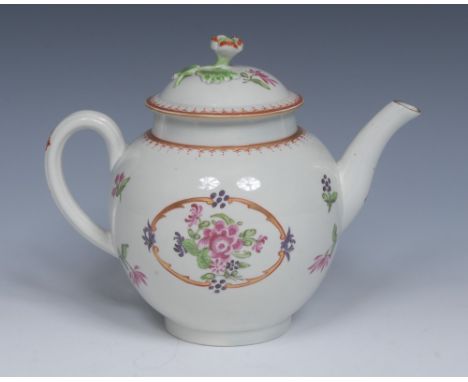 A Worcester globular teapot and cover, decorated with pink flowers and foliage within a gilt cartouche, the ground with scatt