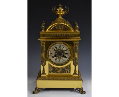 A 19th century French Renaissance Revival gilt metal mantel clock, 10.5cm silvered dial inscribed with Roman numerals, twin w