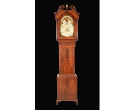 A George III mahogany longcase clock, 33cm arched painted dial inscribed Thos. Hallam, Nottingham, Arabic numerals, rolling m