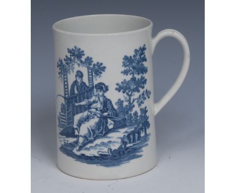 A Worcester slightly spreading  Le Peche and La Promanade cylindrical mug,  printed in underglaze blue with chinoserie figure