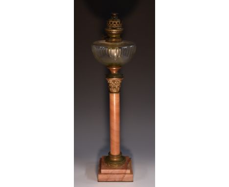 A 19th century Corinthian pink marble and scagliola columnar oil lamp, faceted urnular glass reservoir, the marbled column wi