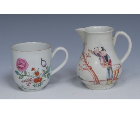 A Worcester coffee cup, decorated in polychrome with stylised flowers and foliage, c.1775;  a Worcester polychrome sparrow be
