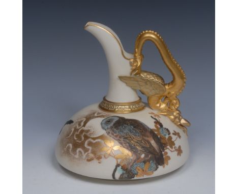 A Royal Worcester Persian Inspired ewer, printed and painted by C Baldwin, with an owl, in black, blue and gilt, on a blush i