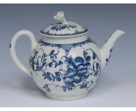 A Worcester Mansfield pattern globular teapot and cover, painted in underglaze blue with flowerhead and scrolling foliage, fl
