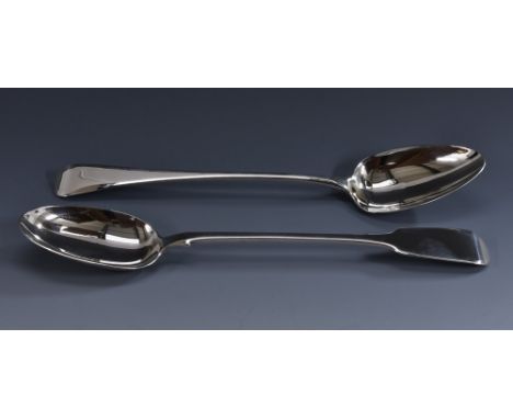 A George III silver Old English pattern basting spoon, 30cm long, London 1809; another, Fiddle pattern, London 1837 (2), 7oz 