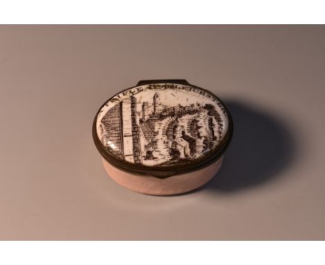 A George III South Staffordshire enamel oval patch box, the hinged cover printed with a named-view and inscribed A Trifle fro