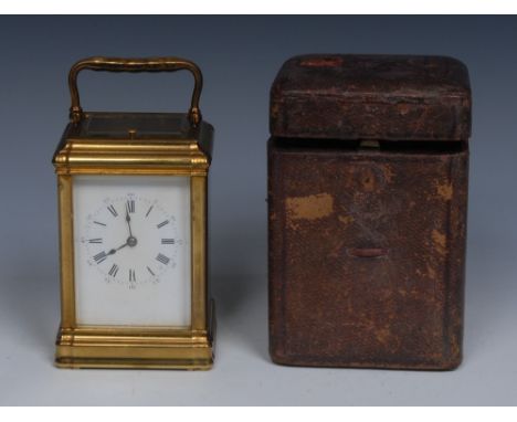 A late 19th century French lacquered brass repeating carriage clock, 6cm rectangular enamel inscribed with Roman and subsidia