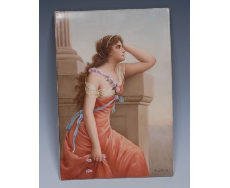 A KPM porcelain rectangular panel, by R Dittrich, signed, Sehnsucht (Longing), 23.5cm x 16cm, impressed mark with Vienna beeh