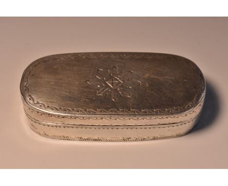 An early 19th century Continental silver rounded rectangular snuff box, bright-cut engraved with lozenges and wrigglework bor