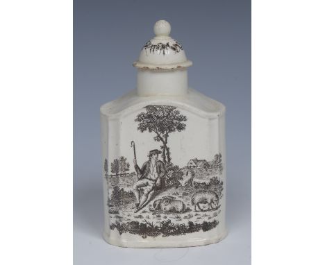 An 18th century Wedgwood creamware domed tea caddy and cover, transfer printed in black with the Tea Party, to verso with a s