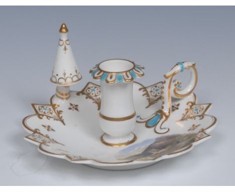 A Royal Worcester taperstick and snuffer,  painted with a landscape, probably Malvern, the rim with turquoise jeweled gilt fl