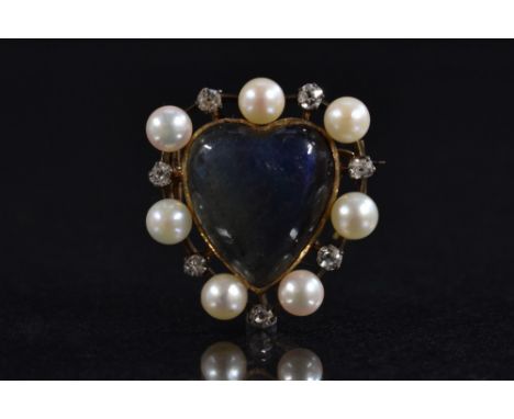 A labradorite diamond and pearl heart pendant brooch, central heart cut cabochon labradorite, surrounded by an alternating ba