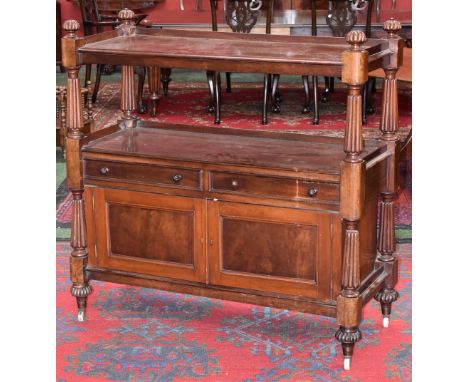 ***IN SALEROOM TWO***A Victorian  mahogany two tier buffet, three quarter gallery, melon shaped finials, spreading lobed supp