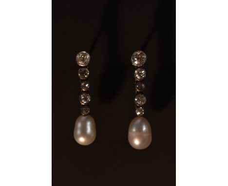 A pair of diamond and pearl drop earrings, each articulated five stone diamond drop linkage terminating in a single pearl, un