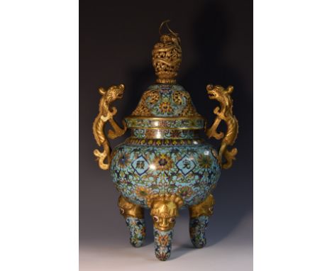 A 19th century Chinese cloisonné enamel and gilt bronze tripod censer and cover, decorated in colourful polychrome with bloss