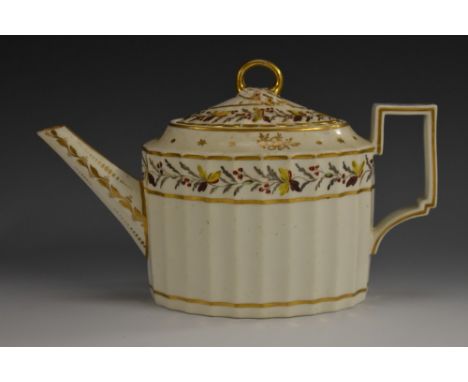 A Pinxton straight fluted silver shaped teapot and cover,  decorated with a broad band with red berries and yellow, brown and