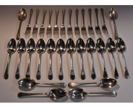 A Victorian silver Old English Bead pattern part table service, comprising eighteen dessert spoons and twelve dessert forks, 