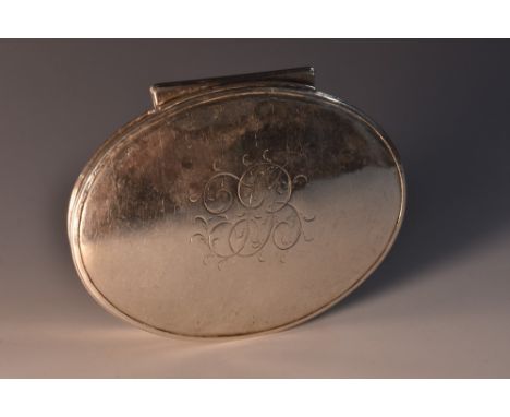 A mid-18th century silver coloured metal oval snuff box, stand-away hinged cover, 8cm wide, apparently unmarked, c.1750