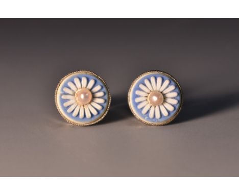 A pair of pearl set Wedgwood Jasperware earrings, central pearl within floral surround, unmarked white metal frame and pillar