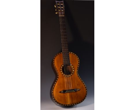 A 19th century parlour Spanish guitar,  the spruce top inlaid with borders of mother-of-pearl roundels outlined with boxwood 