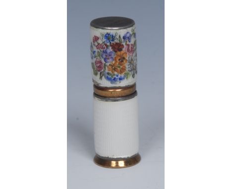 An Art Deco silver-gilt and enamel lipstick holder, decorated in polychrome with flowers on an opaque engine turned ground, 5