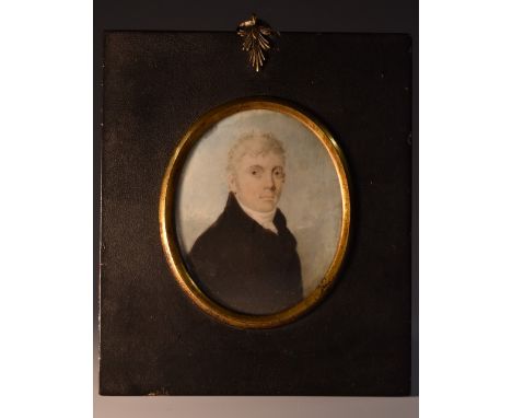 English School (19th century), a portrait miniature, of a gentleman, wearing a black coat and white stock, watercolour on ivo