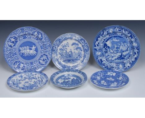 A Spode The Battle of the Nile pattern shaped circular plate, transfer printed in tones of blue with Neptune being pulled in 