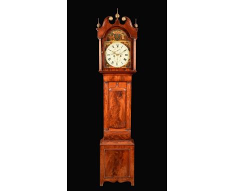 A 19th century Scottish mahogany longcase clock, 32cm arched painted dial inscribed Thomas Low, Dundee, the arch painted with