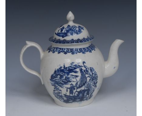 A Penningtons Liverpool Cormorant pattern globular teapot and cover, printed with fisherman and catch, banded cell border, do