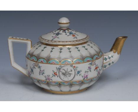 A Derby teapot and cover, decorated with circular panels en grisaille with musical trophies and undulating colourful floral s
