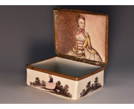 A George III South Staffordshire enamel rounded rectangular table snuff box, the hinged cover painted in polychrome and grey 