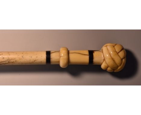 An early 19th century sailor's scrimshaw marine ivory and whalebone walking stick, knot pommel, hardwood banding, whalebone s