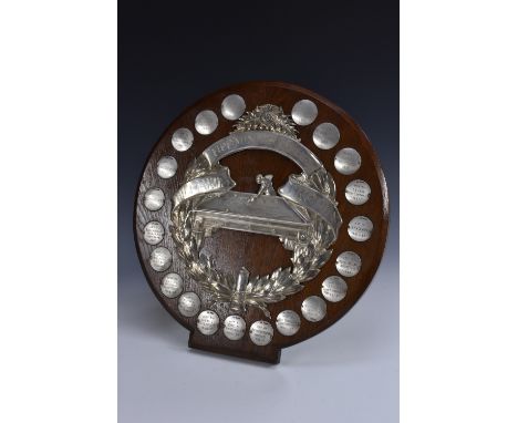 Sport - a George V silver presentation trophy shield, , Fife Miners Welfare Billiards Trophy, embossed with a player at the t