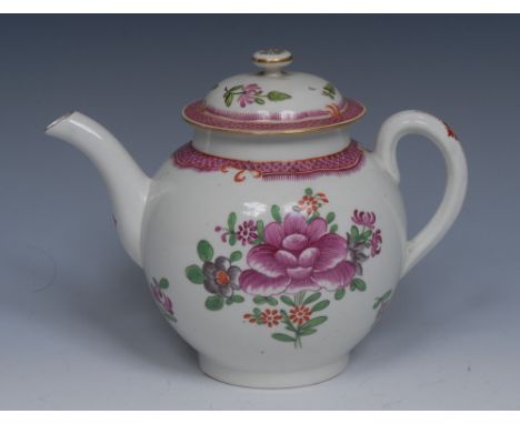 An English porcelain globular teapot and cover, painted with stylised flowers,  within  pink cross hatch border in Chinese st