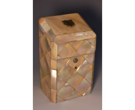 A Victorian mother-of-pearl playing card box, sloping hinged cover enclosing three velvet lined divisions, EPNS shield-shaped