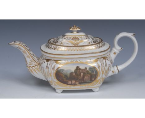 A Derby Named View boat shaped teapot and cover, painted possibly by Daniel Lucas, with View in Germany and View in Italy, am
