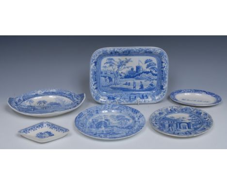 A Spode rounded rectangular pattern dish, transfer printed in tones of blue with castle and figures, the rim with rhinoceros,