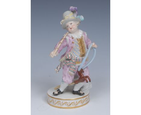 A Meissen figure, of a boy on a hobby horse, after the model by Christian Gottfried Juechtzer, he wears a plumed hat and pale